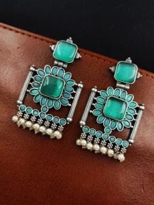 Silver Replica Square Monalisa Stone Stud Dangler Earrings - Color: "Mint"