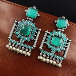 Silver Replica Square Shape Monalisa Stone Stud Dangler Earrings