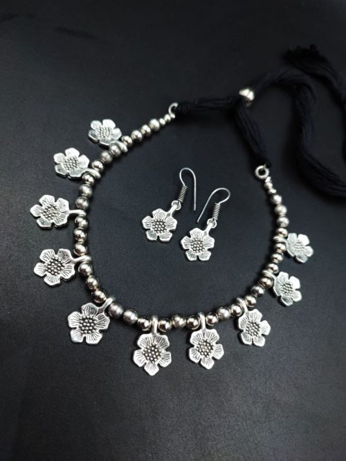 German Silver Necklace | Flower Charms Adjustable Thread Jewelry Set