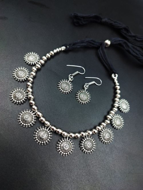 Light Weight Oxidised German Silver Necklace With Adjustable thread