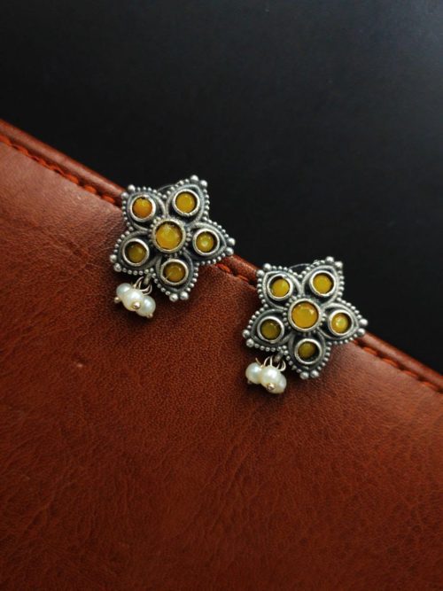 Silver Replica Stud Earrings With Pearl & Stone Work