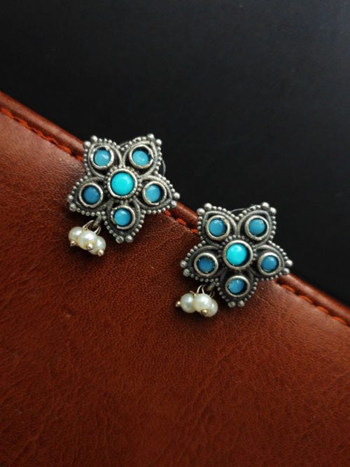 Silver Replica Stud Earrings With Pearl & Stone Work