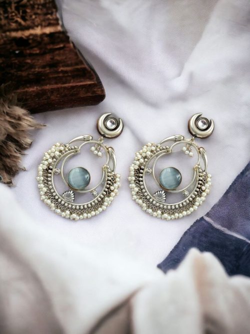 Handmade Chandbali - Silver Look Like Earrings with Pearl Beads