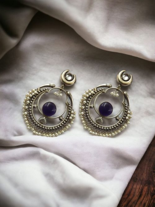 Handmade Chandbali - Silver Look Like Earrings with Pearl Beads