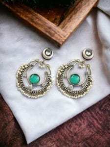Handmade Chandbali - Silver Look Like Earrings with Pearl Beads - Color: "Mint"