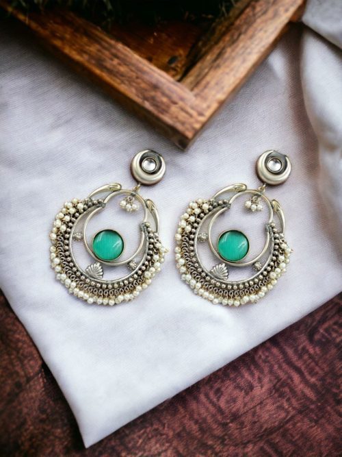Handmade Chandbali - Silver Look Like Earrings with Pearl Beads