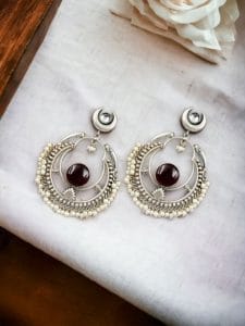 Handmade Chandbali - Silver Look Like Earrings with Pearl Beads - Color: "Red"