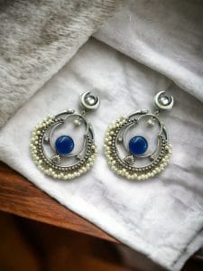 Handmade Chandbali - Silver Look Like Earrings with Pearl Beads - Color: "Blue"