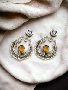 Handmade Chandbali - Silver Look Like Earrings with Pearl Beads - Color: "Yellow"