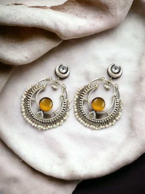 Handmade Chandbali - Silver Look Like Earrings with Pearl Beads