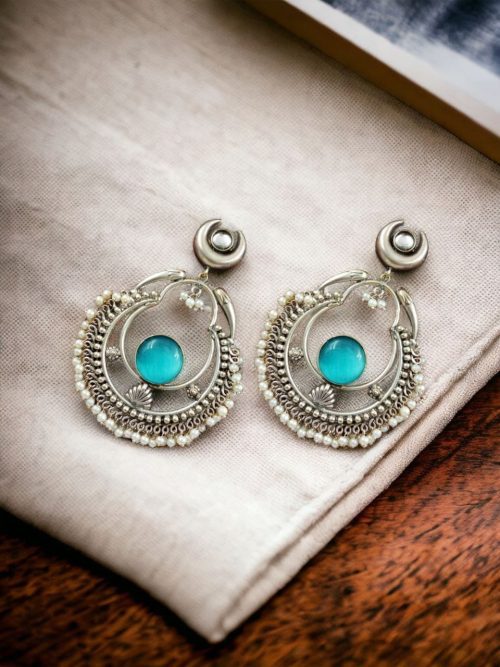Handmade Chandbali - Silver Look Like Earrings with Pearl Beads