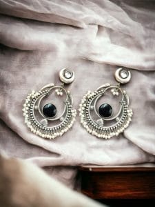 Handmade Chandbali - Silver Look Like Earrings with Pearl Beads - Color: "Black"