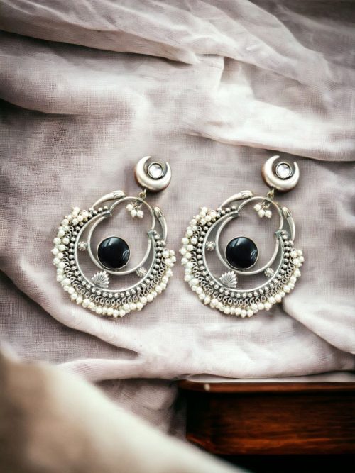 Handmade Chandbali - Silver Look Like Earrings with Pearl Beads