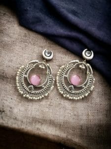 Handmade Chandbali - Silver Look Like Earrings with Pearl Beads - Color: "Baby Pink"