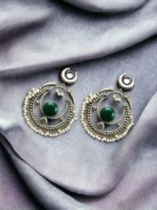 Handmade Chandbali - Silver Look Like Earrings with Pearl Beads - Color: "Green"