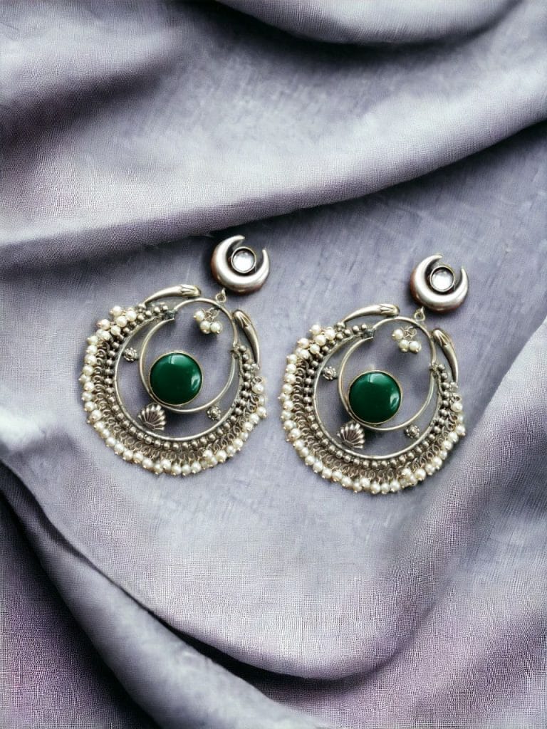 Bulk 362 Handmade Chandbali - Silver Look Like Earrings with Pearl Beads - "Green"