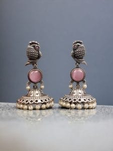 Oxidised Jhumka Earrings | Best Silver look Like Jhumki with Stone Work - Color: "Baby Pink"