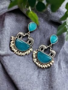 Designer Camel Earrings - Unique Stone Work Dangler Stud for Girls - Color: "Aqua"