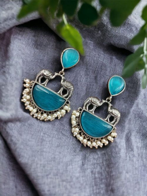 Designer Camel Earrings - Antique Stone Work Dangler Stud for Girls
