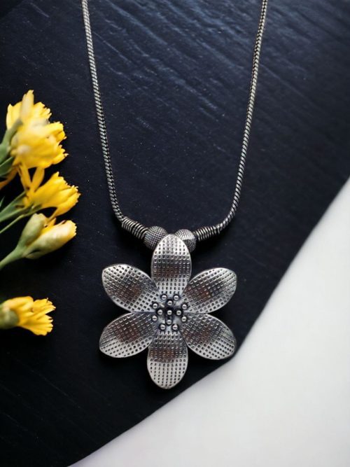 Unique Flower Style Necklace | German Silver Chain Floral Pendant For Girls