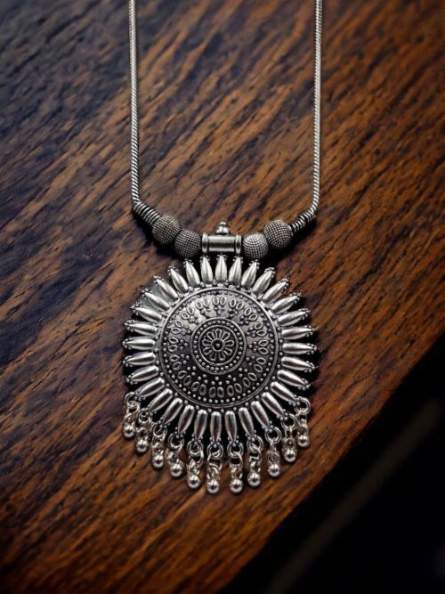 Oxidised Chain Necklace | Traditional Round Spike Pendant for Girls