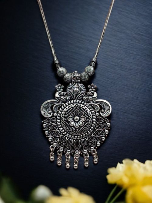 Silver Plated Oxidised Peacock Pendant Necklace For Girls