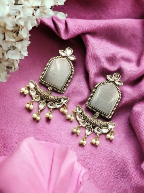 Fashionable Trendy Earrings - Silver Replica Jumbo Stone Dangler Earring