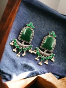 Fashionable Trendy Earrings - Best Silver Replica Jumbo Stone Dangler Earring - Color: "Green"