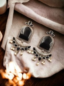 Fashionable Trendy Earrings - Best Silver Replica Jumbo Stone Dangler Earring - Color: "Black"