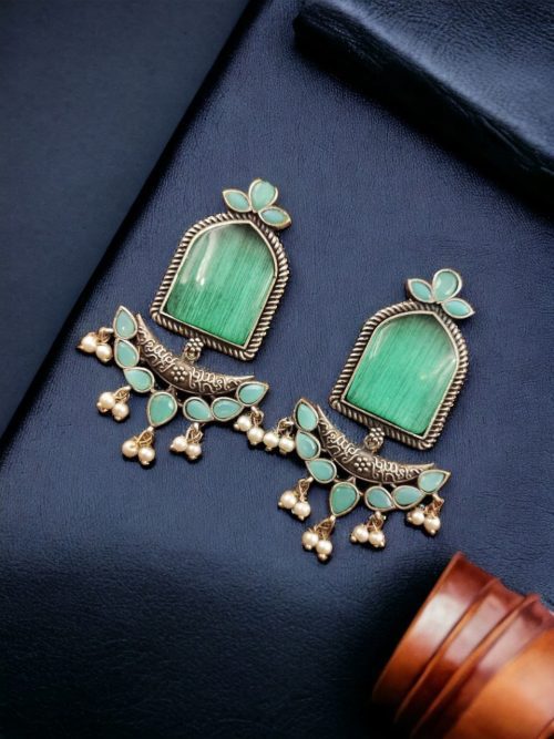 Fashionable Trendy Earrings - Silver Replica Jumbo Stone Dangler Earring
