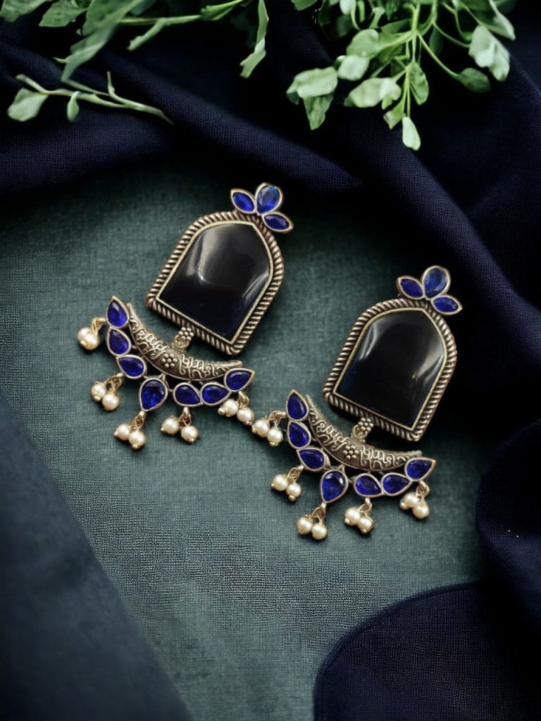 Bulk 342 Fashionable Trendy Earrings - Best Silver Replica Jumbo Stone Dangler Earring - "Blue"