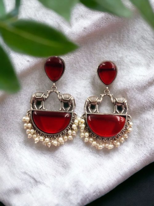 Designer Camel Earrings - Antique Stone Work Dangler Stud for Girls