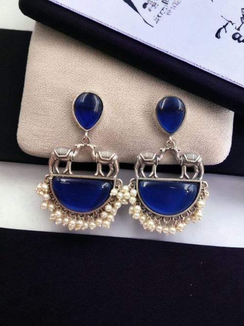 Designer Camel Earrings - Antique Stone Work Dangler Stud for Girls