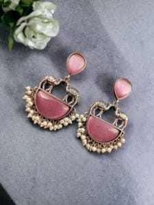Designer Camel Earrings - Unique Stone Work Dangler Stud for Girls - Color: "Babypink"