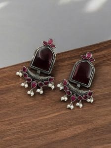 Fashionable Trendy Earrings - Best Silver Replica Jumbo Stone Dangler Earring - Color: "Red"