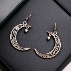 German Silver Earrings Moon Style Hook Earrings for Girls, showcasing intricate detailing and a lightweight design