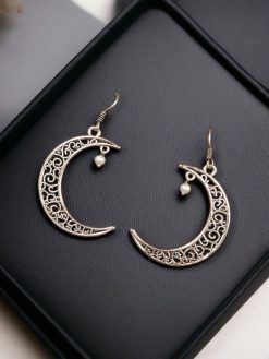 German Silver Earrings Moon Style Hook Earrings for Girls, showcasing intricate detailing and a lightweight design