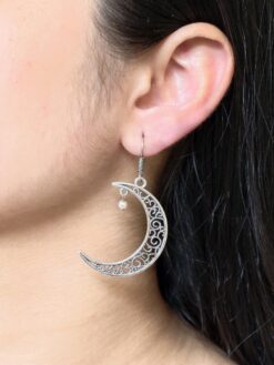 German Silver Earrings Moon Style Hook Earrings for Girls, showcasing intricate detailing and a lightweight design
