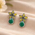 Bulk 4 Trendy Stud Earrings | Silver Replica Stone Earring | Best Daily Wear Accessories - "Yellow Green"