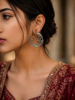 Silver Replica Peacock Stud | Floral Art Peacock Design Earrings