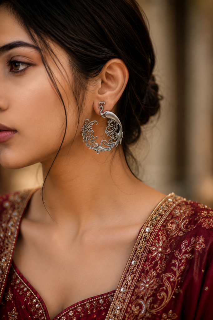 Silver Replica Peacock Stud | Best Floral Art Peacock Design Earrings