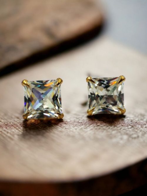 Cubic Zirconia Stone Stud Earrings | Square Shape AD Earring For Girls