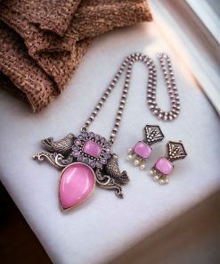 Silver Antique Look Bird Necklace Set with Stone Work For Girls