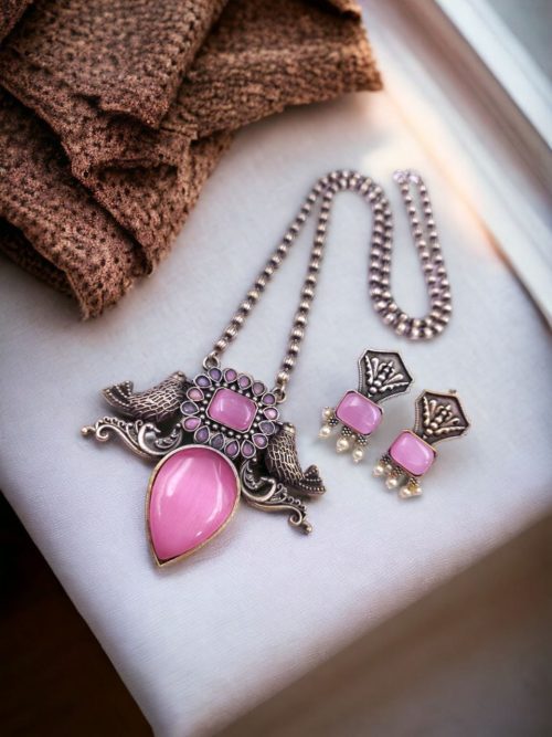 Silver Antique Look Bird Necklace Set with Stone Work For Girls