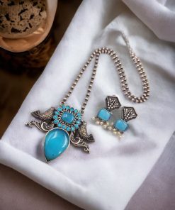 Silver Antique Look Bird Necklace Set with Stone Work For Girls