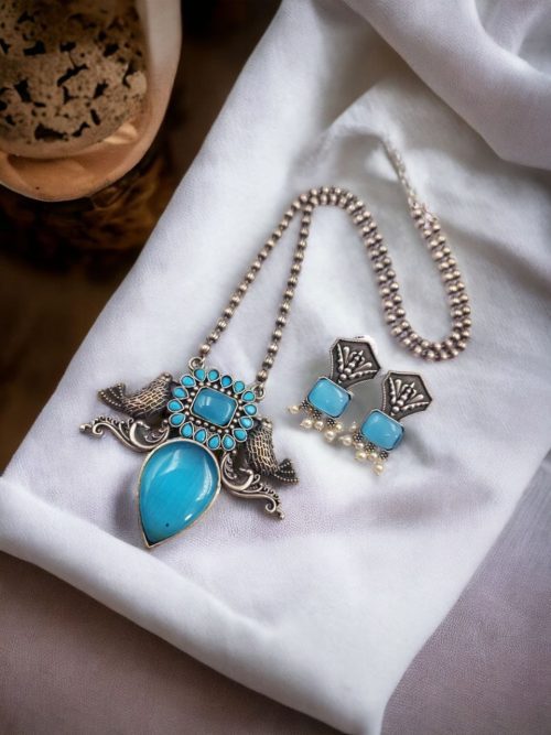 Silver Antique Look Bird Necklace Set with Stone Work For Girls