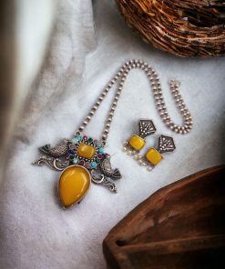 Silver Antique Look Bird Necklace Set with Stone Work For Girls