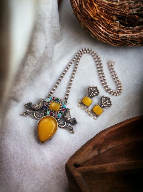 Silver Antique Look Bird Necklace Set with Stone Work For Girls