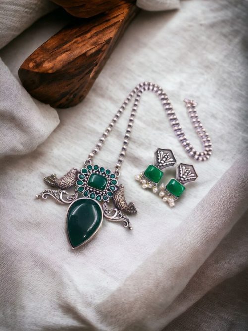 Silver Antique Look Bird Necklace Set with Stone Work For Girls