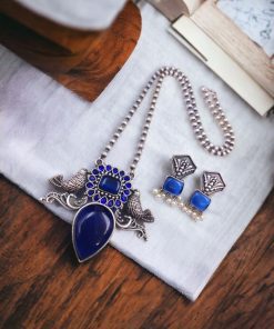 Silver Antique Look Bird Necklace Set with Stone Work For Girls